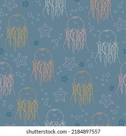 Jellyfish with sea star hand drawn seamless vector pattern. Fun design. Line objects. Cute background for kids room decor, nursery art, packaging, wrapping paper, textile, fabric, wallpaper, apparel.