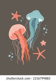 Jellyfish and sea stars vector illustration. Cartoon poster isolated on dark background. Ocean life background