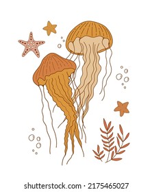 Jellyfish and sea stars vector outline illustration. Poster with medusa on white background. Undersea life 