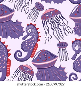 Jellyfish and seahorse seamless doodle pattern for textile, wrapping, print, fabric, wallpaper