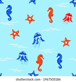jellyfish, seahorses and starfish, minimalistic seamless sea pattern