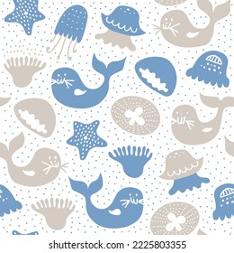 Jellyfish, seals, starfish, seamless pattern, vector texture. Marine cute design for fabric, wallpaper, web pages