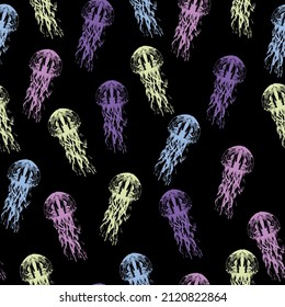Jellyfish seamless pattern. Blue medusa with long tentacles.  Abstract fantasy.