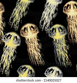 Jellyfish seamless pattern. Blue medusa with long tentacles. Cartoon black background.  Space colorful repeat texture wallpaper illustration.