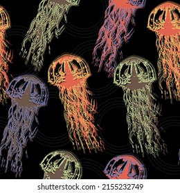 Jellyfish seamless pattern. Blue medusa with long tentacles. Cartoon black background.  Underwater animal illustration. Hand drawn realistic medusa .Abstract fantasy.