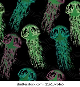 Jellyfish seamless pattern. Blue medusa with long tentacles. Cartoon black background.  Hand-drawn vintage illustration. 