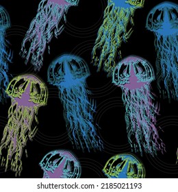 Jellyfish seamless pattern. Blue medusa with long tentacles. Cartoon black background.  Space colorful repeat texture wallpaper illustration.