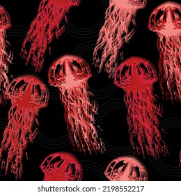 Jellyfish seamless pattern. Blue medusa with long tentacles. Cartoon black background.  Underwater animal illustration. Hand drawn realistic medusa .Abstract fantasy.