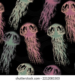 Jellyfish seamless pattern. Blue medusa with long tentacles. Cartoon black background.  Magical jellyfish seamless pattern. Hand drawn watercolor illustration