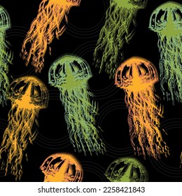 Jellyfish seamless pattern. Blue medusa with long tentacles. Cartoon black background.  Underwater animal illustration. Hand drawn realistic medusa .Abstract fantasy.