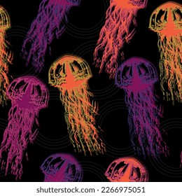 Jellyfish seamless pattern. Blue medusa with long tentacles. Cartoon black background.  Hand-drawn vintage illustration. 