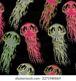 Jellyfish seamless pattern. Blue medusa with long tentacles. Cartoon black background.  Underwater animal illustration. Hand drawn realistic medusa .Abstract fantasy.