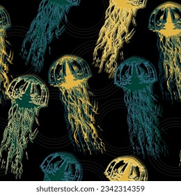 Jellyfish seamless pattern. Blue medusa with long tentacles. Cartoon black background.  Hand-drawn vintage illustration. 