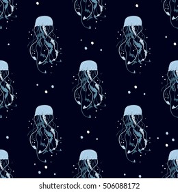 Jellyfish seamless pattern. Blue medusa with long tentacles. Cartoon black background. Doodle texture print for child, textile, shirt, clothes, banner, website, greeting card. Vector illustration.