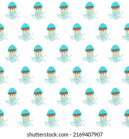 Jellyfish seamless pattern. Blue red yellow marine animal on white background. Underwater sea or ocean life. Baby clothes, fabric, textile, wrapping paper.  