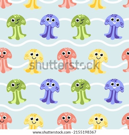Jellyfish seamless pattern. Colorful jellyfish on blue background. Flat, cartoon, vector