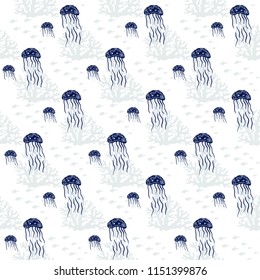 Jellyfish Seamless Pattern. Cute marine pattern for baby clothes, fabric, textile, wrapping paper. Cartoon animals illustration
