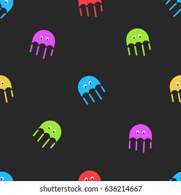 Jellyfish seamless pattern cute random colorful cartoon medusa sea fauna on the dark background. Childish decorative graphic design element for printing on fabric.