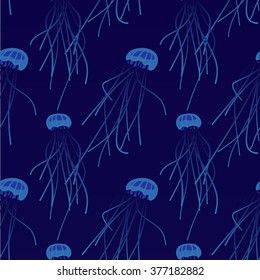 Jellyfish seamless pattern. Deep dark blue ocean backdrop. Isolated sea medusa with tentacles. Stylish vector illustration. 