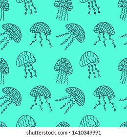 Jellyfish seamless pattern drawn in line art style. Vector illustration