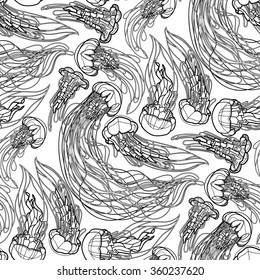 Jellyfish seamless pattern drawn in line art style. Vector ocean animals in black and white colors. Coloring book page design for adults and kids