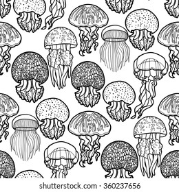 Jellyfish seamless pattern drawn in line art style. Vector ocean animals in black and white colors. Coloring book page design for adults and kids