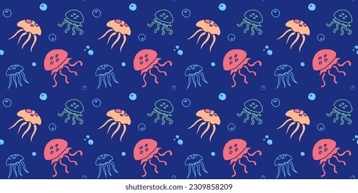 Jellyfish seamless pattern, editable doodle illustration, marine blue background with bright multicolored jelly fish