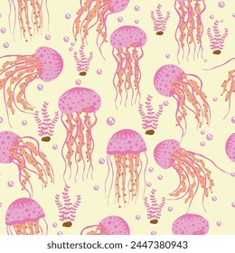jellyfish seamless pattern in flat vector