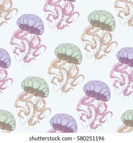 Jellyfish seamless pattern, Hand drawn illustration. Marine vector background, underwater world. Vector