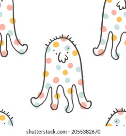Jellyfish seamless pattern. Monster in peas. Cute cartoon character in simple hand-drawn Scandinavian style. Vector childish doodle illustration. Baby textiles, fabric, digital paper