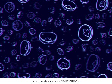 Jellyfish seamless pattern with neon glowing vibrant glitchy abstract background in 80s or anaglyph 3D style