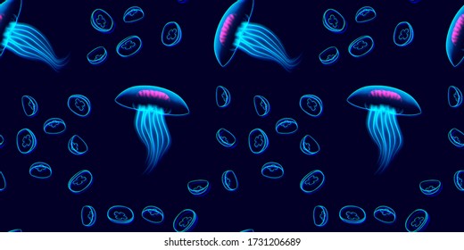 Jellyfish seamless pattern with neon glowing vibrant glitchy abstract background in 80s or anaglyph 3D style