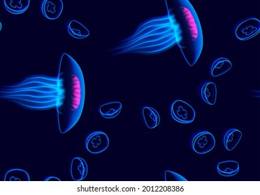 Jellyfish seamless pattern with neon glowing vibrant glitchy abstract background