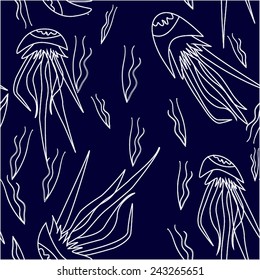 Jellyfish Seamless Pattern on Dark Blue Background