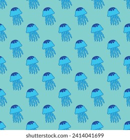 Jellyfish seamless pattern on the green background