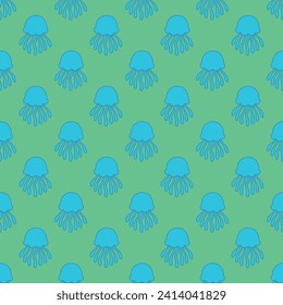 Jellyfish seamless pattern on the green background