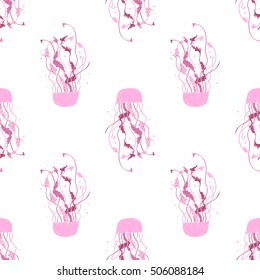 Jellyfish seamless pattern. Pink medusa with long tentacles. Cartoon white background. Doodle texture print for child, textile, shirt, clothes, banner, website, greeting card. Vector illustration.