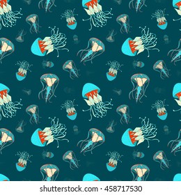 Jellyfish seamless pattern in red, blue, navy blue, beige colors. Sea, nautical, marine surface design for wrapping paper, textile, fabric, wallpaper, background, backdrop. Kids, baby swimsuit