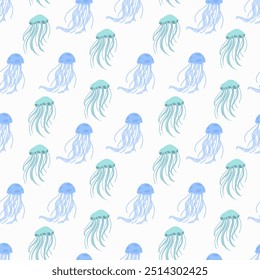 Jellyfish seamless pattern. Under the sea, water animal, ocean fauna. Flat vector design.