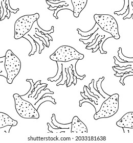Jellyfish seamless pattern. vector pattern of a hand-drawn jellyfish with short tentacles and dots, isolated black outline randomly arranged on a white background for a design template