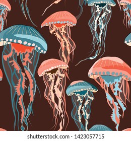 Jellyfish seamless pattern. Vector illustration of red and blue jellyfish on brown background