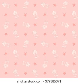 Jellyfish seamless vector pattern. Jellyfish background. Vector illustration.  Sea animal seamless pattern with jellyfish and starfish.Underwater seamless pattern. Children's textile pattern.