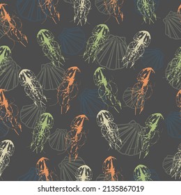Jellyfish Seamless vector pattern with colorful jellyfish on a black background.  Hand drawn line art. Wallpaper, textile, print design