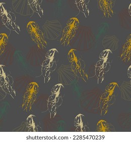 Jellyfish Seamless vector pattern with colorful jellyfish on a black background. For decoration of textiles, packaging, wallpaper.
