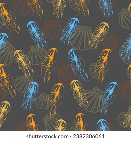 Jellyfish Seamless vector pattern with colorful jellyfish on a black background.  Seamless marine background with orange, pink, blue and green jellyfish.