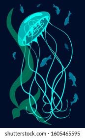 Jellyfish, seaweed and fish on a blue background.