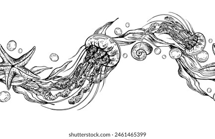 Jellyfish, seaweed in the shape of a wave with starfish and water bubbles. Graphic illustration hand drawn in black ink. Seamless pattern border EPS vector.