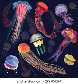 Jellyfish set geometric colorful low poly design. vector illustration of 8 different types.
