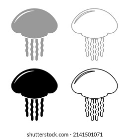 Jellyfish set icon grey black color vector illustration image solid fill outline contour line thin flat style