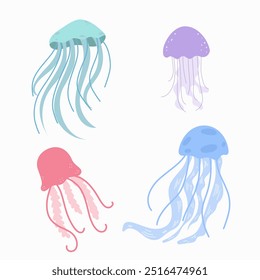 Jellyfish set. Under the sea, water animal, ocean fauna. Flat vector design.